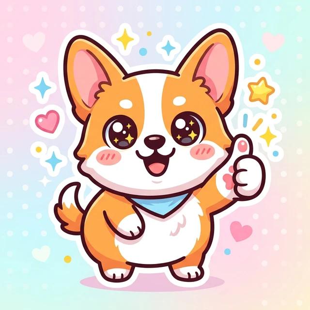 覓圖 AI 生成的柯基 LINE 貼圖風格範例:開心比讚